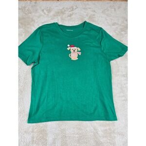 Madison Taylor Womens Green Dog Christmas Santa Hat Scarf Embroidered T Shirt XL